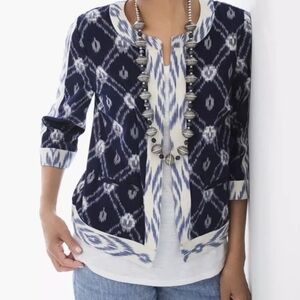 Chico's Women's Size 2/L‎ Blue White Ikat Print Cotton Blazer Jacket 3/4 Sleeve